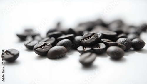 Closeup of Roasted Coffee Beans on White Background: Aromatic Brew, Dark Roast Coffee Beans, Caffeine Energy, Rich Flavor, Gourmet Coffee photo