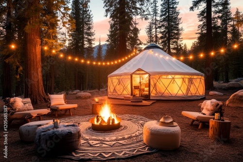 A yurt set up at a glamping site, featuring string lights, comfortable outdoor seating, and a scenic forest view