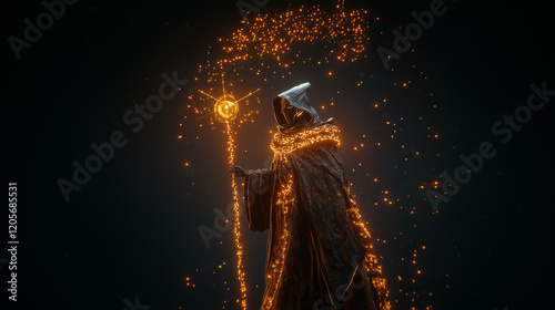 A mystic adorned with a floating collar of glowing data shards, wearing intricate robes and wielding a staff shaped like an antenna. Videogame 3D model, A-pose, simple background photo