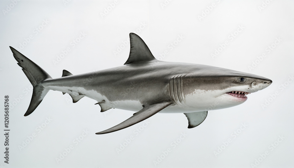 Fototapeta premium A stunning capture of a great white shark showcasing its powerful anatomy, sharp teeth, and sleek body, embodying the apex predator of the ocean ecosystem