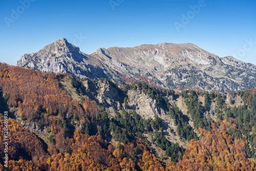 Hiking trail - prokletije national park. Cursed Mountains. Autumn Colours, Balkans, Montenegro. Perfect sunny day without clouds.  photo