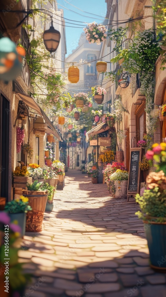 Fototapeta premium Charming cobblestone street adorned with flowers and lanterns in a quaint village.