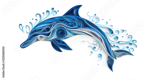 Artistic Blue Dolphin Swimming in Ocean Waves with Abstract Swirl Design photo