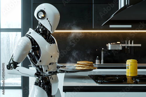 Futuristic Humanoid Robot Preparing Pancakes for Breakfast in a Sleek, Modern Kitchen-