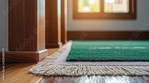 Green rug near wooden door frame and hardwood floor
