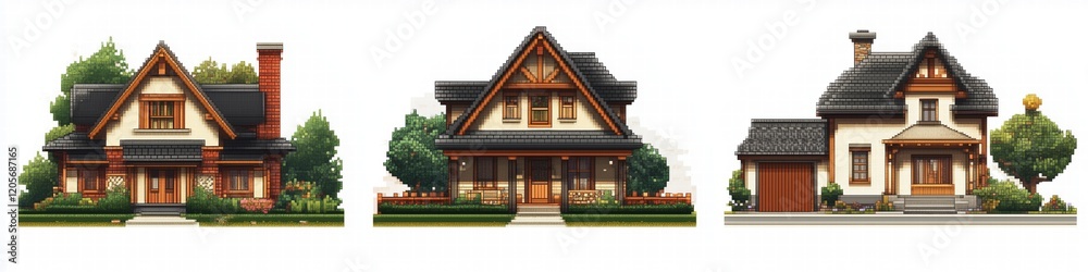 Obraz premium A collection of three distinct Craftsman house designs showcasing different architectural styles. The first house features a traditional design with a steep roof and brick chimney.