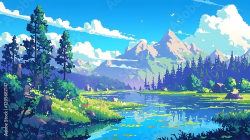 Retro video game background with pixel art of mountains, forests, and lakes, reflecting a nature-filled arcade game world. photo