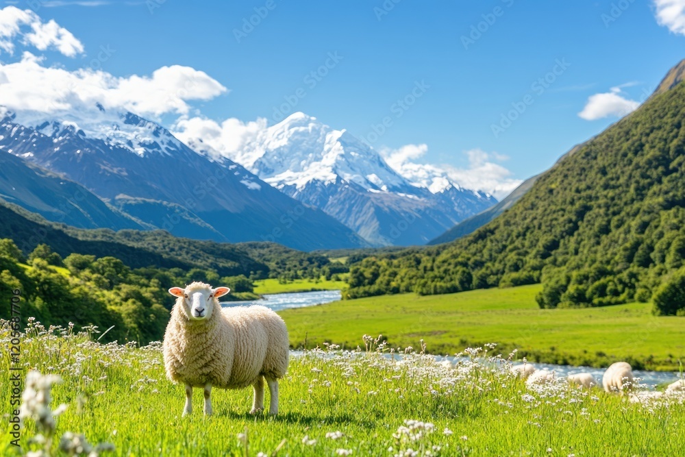 Fototapeta premium Observe a sheep standing upright with thick wool, symbolizing comfort, strength, and tranquility in a serene countryside landscape.