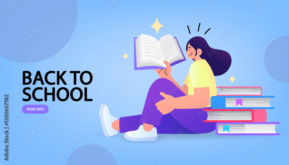 Fototapeta premium A female student reads a magical glowing book for a 'Back to School' promotion. This vector banner illustrates the joy of learning, ideal for education and library campaigns. 