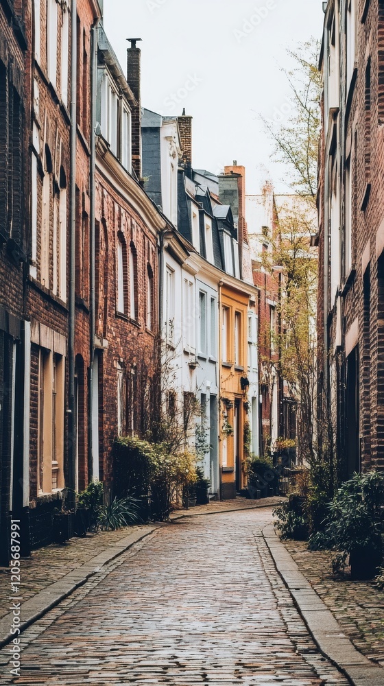 Fototapeta premium Charming cobblestone street lined with colorful historic buildings.