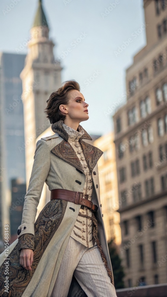 Fototapeta premium Woman in Beige Coat Stands in Urban Setting with Church Steeple