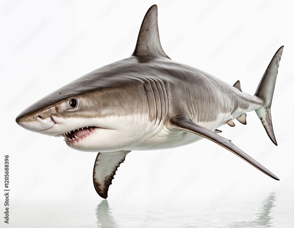 Naklejka premium A stunning capture of a great white shark showcasing its powerful anatomy, sharp teeth, and sleek body, embodying the apex predator of the ocean ecosystem