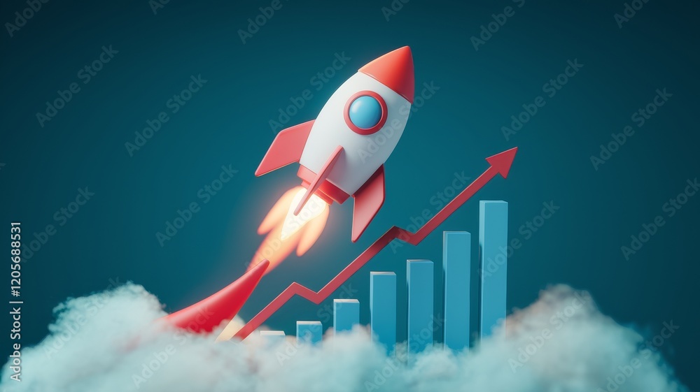 Cartoon Rocket Launching Above Growth Chart in Cloudy Sky. Cartoon Rocket Launching Above Growth Chart in Cloudy Sky.