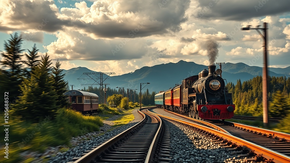 Fototapeta premium Retro Train Journey: Scenic Railscapes
