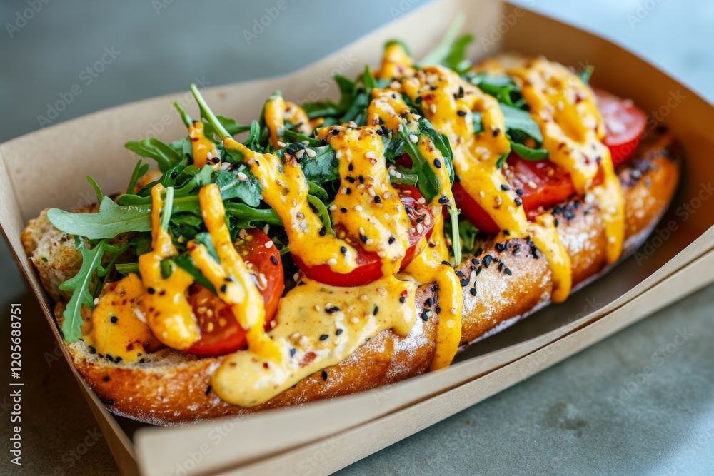 A wurst sandwich served in a crispy ciabatta roll, filled with arugula, tomatoes, and a spicy aioli A wurst sandwich served in a crispy ciabatta roll, filled with arugula, tomatoes, and a spicy aioli