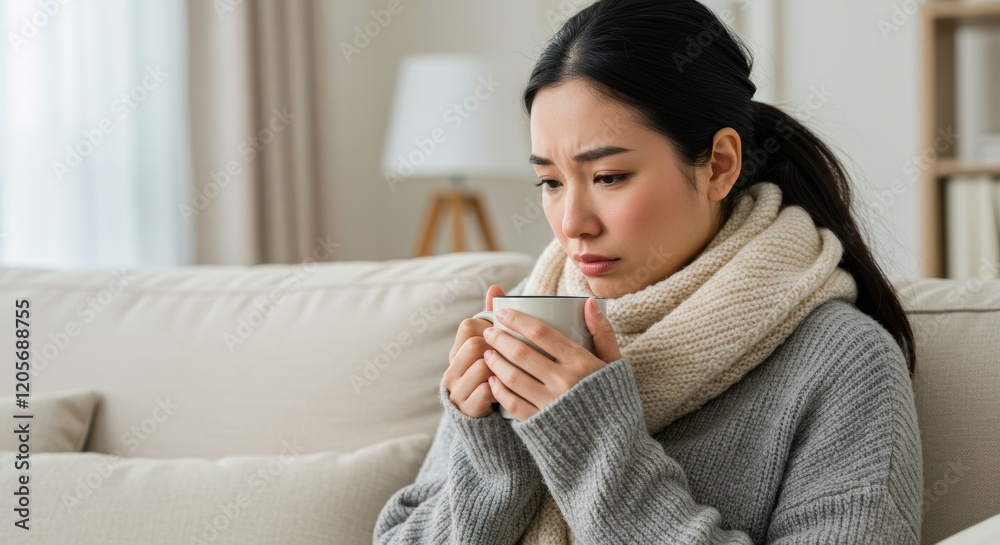 The image shows a woman suffering from cold and illness, appearing in discomfort.
The image shows a woman suffering from cold and illness, appearing in discomfort.