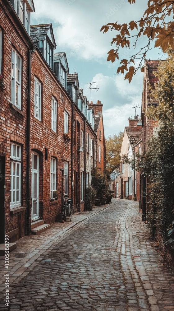 Charming cobblestone street lined with old brick houses under a cloudy sky. Charming cobblestone street lined with old brick houses under a cloudy sky.