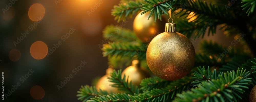 Glittering golden ornaments adorn a lush green Christmas tree, holiday, golden, radiant Glittering golden ornaments adorn a lush green Christmas tree, holiday, golden, radiant