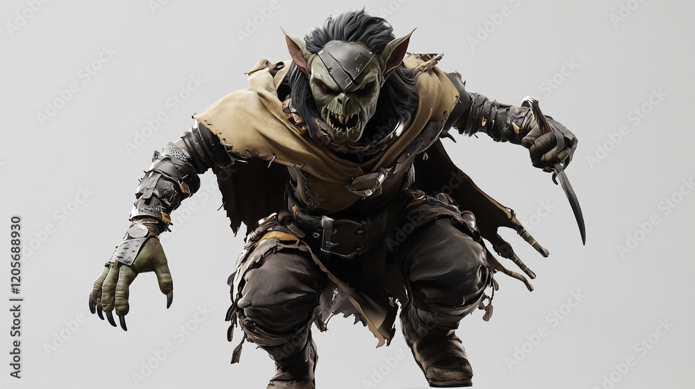 A goblin rogue with a tattered cape, wearing a mask to conceal their face, and dual-wielding poisoned daggers. Videogame 3D model, A-pose, simple background A goblin rogue with a tattered cape, wearing a mask to conceal their face, and dual-wielding poisoned daggers. Videogame 3D model, A-pose, simple background