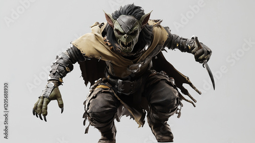 A goblin rogue with a tattered cape, wearing a mask to conceal their face, and dual-wielding poisoned daggers. Videogame 3D model, A-pose, simple background