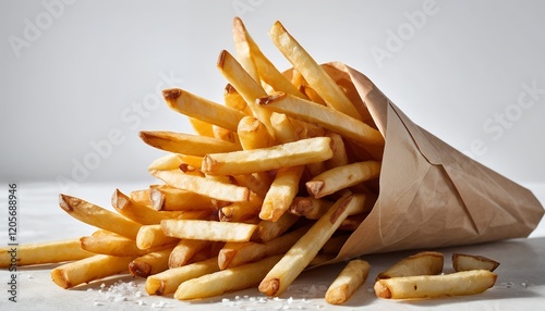 Fototapeta Naklejka Na Ścianę i Meble -  Crispy Golden French Fries in a Brown Paper Cone: A Delicious Fast Food Treat
