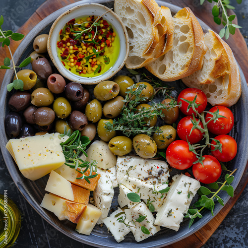 Mediterranean Appetizer Platter with Olives, Cheese, and Fresh Herbs -  Vibrant Mediterranean Tapas Spread with Feta and Olive Oil Dip photo