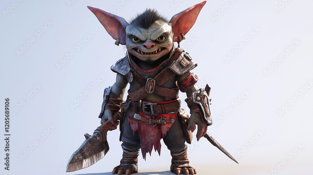A lightweight goblin fighter with a harness for climbing, holding a grappling hook and a sharp-edged dagger. Videogame 3D model, A-pose, simple background A lightweight goblin fighter with a harness for climbing, holding a grappling hook and a sharp-edged dagger. Videogame 3D model, A-pose, simple background