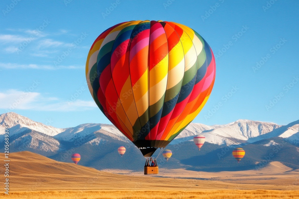 A xanthous hot air balloon floating in a clear blue sky, with other balloons in the distance