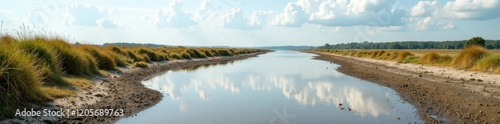 Low tide River Adur estuary with muddy waters and vegetation at Shoreham, Sussex, mudflats, Sussex photo