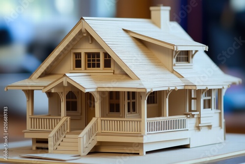 A detailed model of a wooden Craftsman house, showcasing intricate architectural features like a porch, windows, and a chimney. The model is crafted from light-colored wood. photo