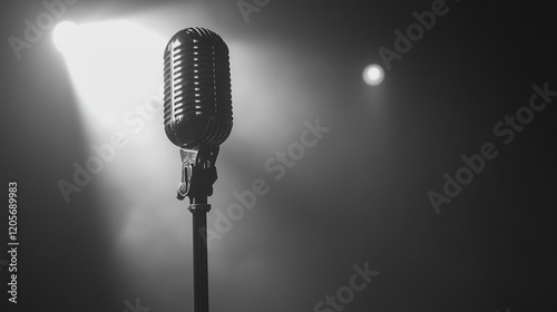 A professional stage microphone illuminated by a focused spotlight photo