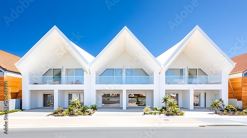 Modern Beachfront Triplex  White Architecture  Sunny Day