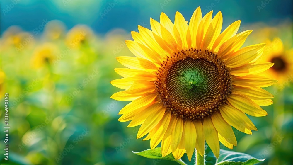 Obraz premium A close-up of a single sunflower stem with large, bright yellow petals and green leaves, horticulture, sunflowers, daisy family, garden flowers, botanical illustration