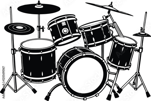 Black silhouette drum kit isolated on white background