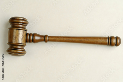 Judge's gavel placed on a clean, light background symbolizing law and justice, top view