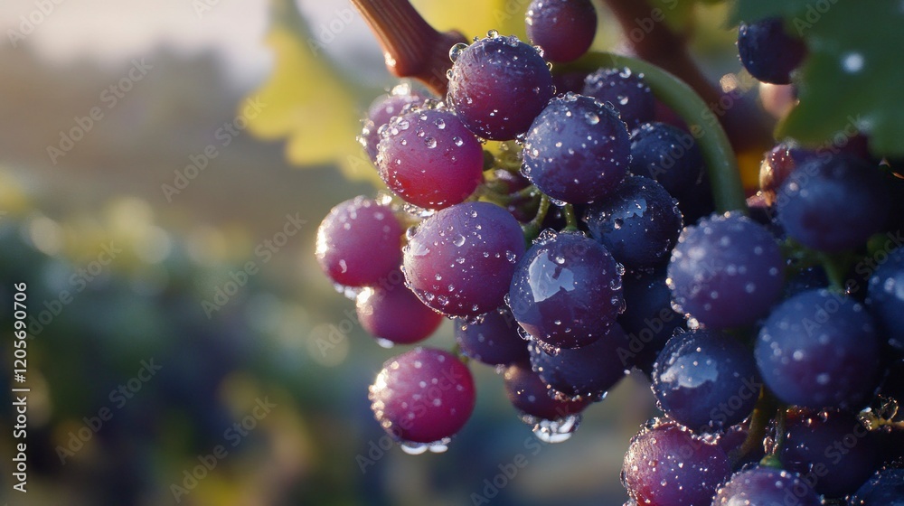 Dew-kissed wine grapes on the vine in a vineyard at sunrise closeup photography of nature's bounty Dew-kissed wine grapes on the vine in a vineyard at sunrise closeup photography of nature's bounty
