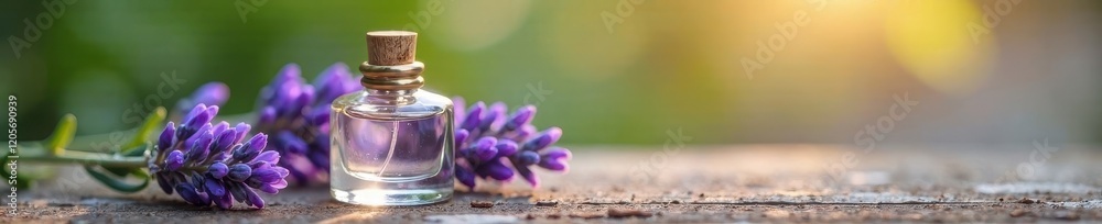 Perfume bottle with a few sprigs of fresh lavender in the background, natural, serenity