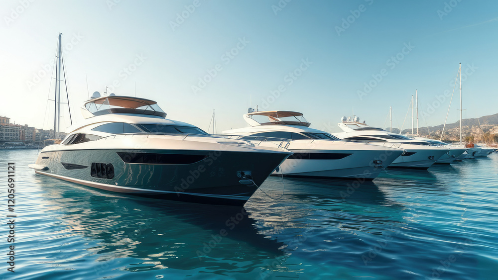 A collection of elegant yachts floating in the calm waters of the Marseille port, boats, watercraft A collection of elegant yachts floating in the calm waters of the Marseille port, boats, watercraft