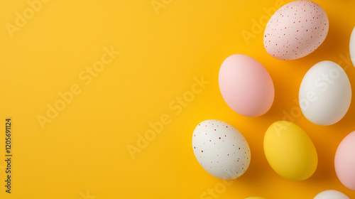 Colorful Easter eggs artistically arranged on vibrant yellow background
