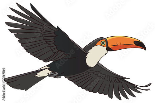  Colorful toucan in flight, vibrant orange beak, black feathers, white chest, spread wings, detailed plumage, realistic rendering, wildlife illustration, isolated on white background, high contrast,