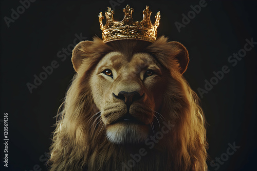 Majestic lion wearing a golden crown as a symbol of power and wealth, luxury theme photo