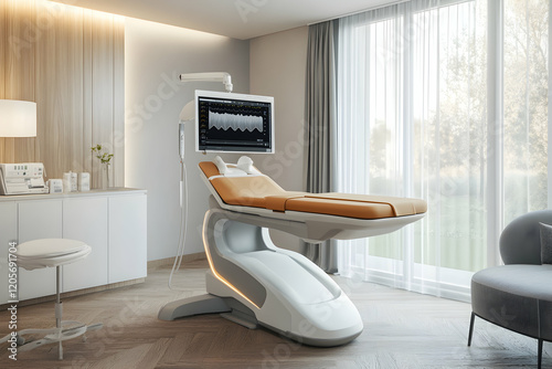 Modern Ultrasound Equipment and Examination Couch in a Healthcare Environment-