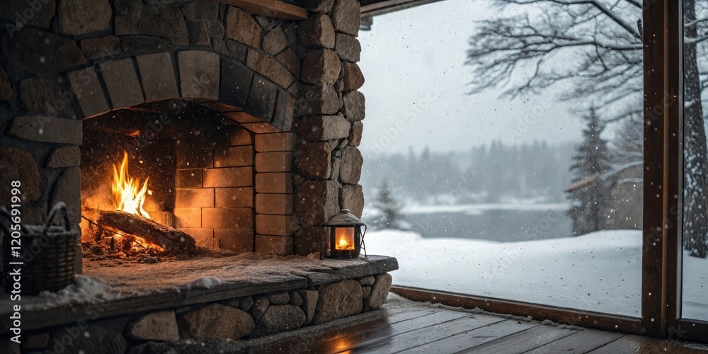 A crackling fire in a stone fireplace with snow falling outside, cozy atmosphere, firewood, warm glow, rustic cabin, flames A crackling fire in a stone fireplace with snow falling outside, cozy atmosphere, firewood, warm glow, rustic cabin, flames