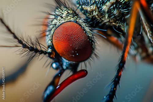 Close-Up Shot of a Mosquito Biting Near a Dog’s Eye, Capturing a Vivid Moment-
