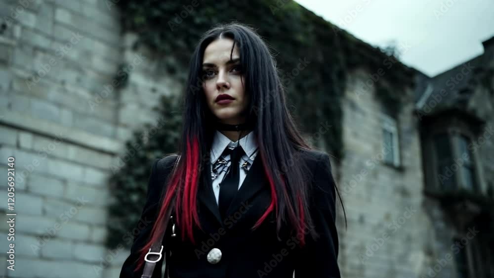 A mysterious schoolgirl in a dark outfit stands before an old, ivy-covered building. A mysterious schoolgirl in a dark outfit stands before an old, ivy-covered building.