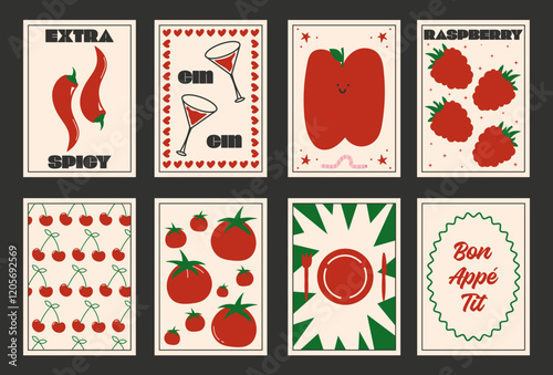 Abstract trendy doodle food poster in retro style. Minimalistic banners for interior design, storytelling, cards and posters