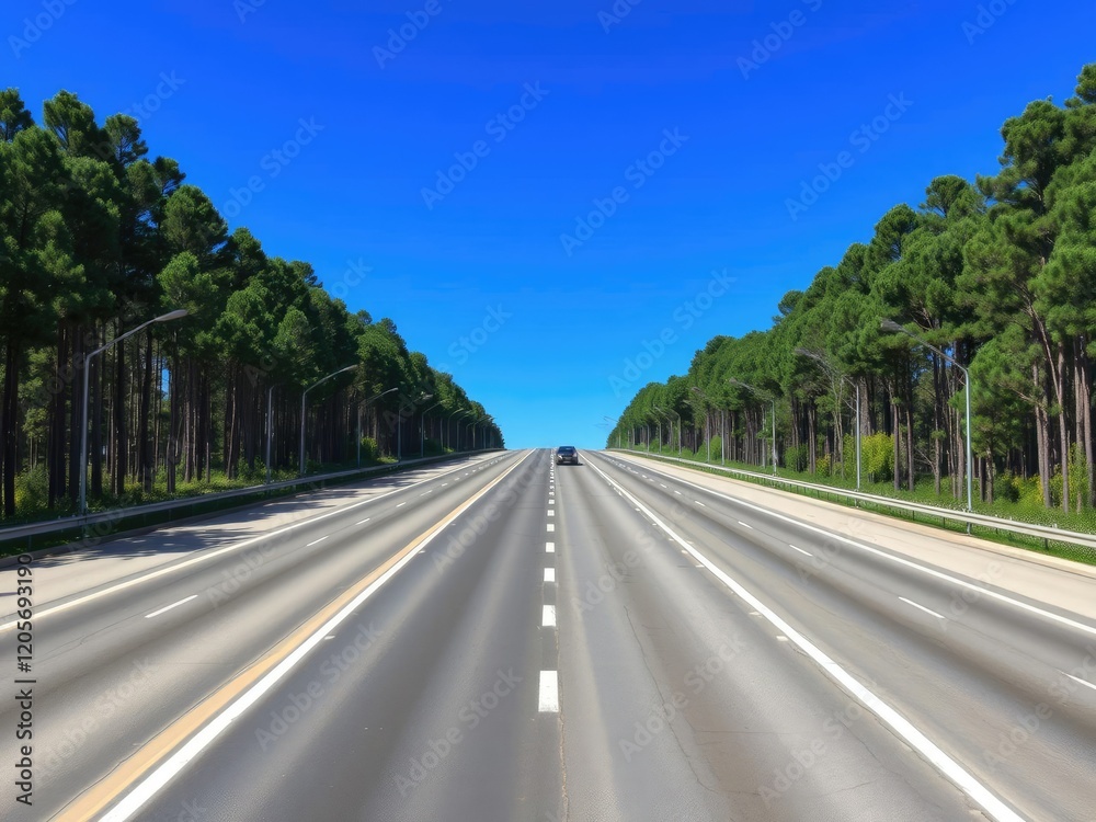 A long asphalt highway stretching into the distance with a few cars driving down the center, surrounded by trees and a clear blue sky, highway, asphalt road markings background, distance A long asphalt highway stretching into the distance with a few cars driving down the center, surrounded by trees and a clear blue sky, highway, asphalt road markings background, distance