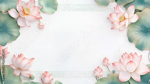 Chinese pattern with repeating lotus flowers and decorative border, soft pastel tones of pink and jade green