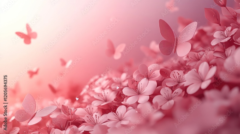 Fototapeta premium Pink butterflies fly above blooming flowers, sunset
