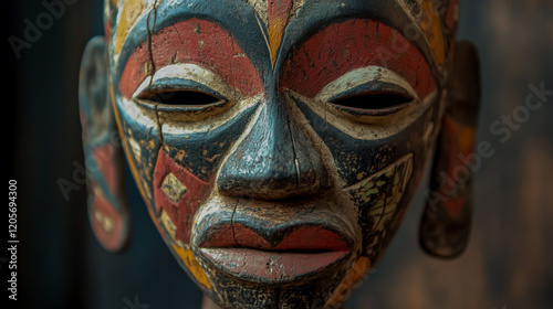 An authentic African mask with detailed, vibrant patterns and colors photo